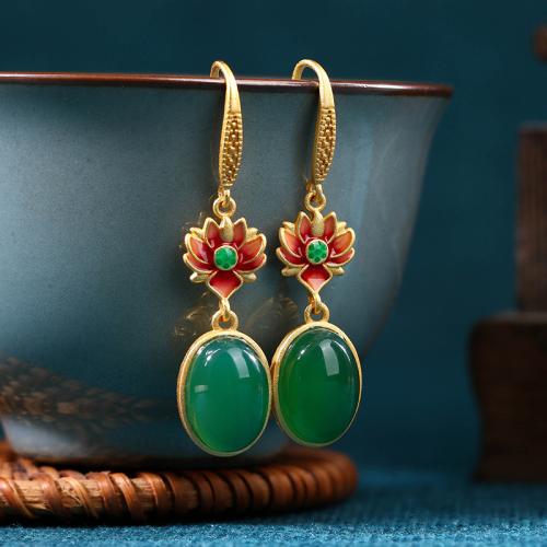 laiton Boucle d'oreille goutte, avec Calcédoine verte, Lotus, Placage de couleur d'or, Vintage & pour femme & émail, 11x47mm, Vendu par paire