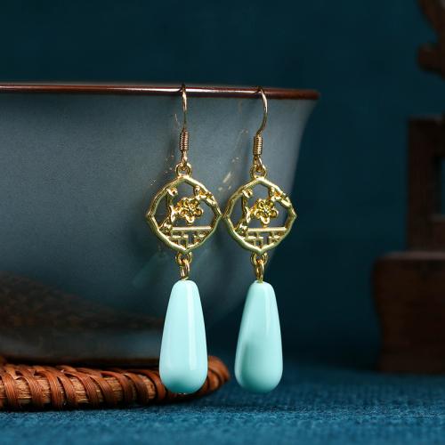 Brass Drop Earring with Jade gold color plated vintage & for woman & hollow Sold By Pair