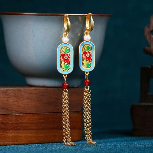 Brass Tassel Earring, with Carnelian & Plastic Pearl, gold color plated, vintage & for woman & enamel, 90mm, Sold By Pair