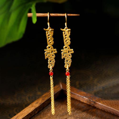 Tibetan Style Tassel Earring, with Jade, Alphabet Letter, gold color plated, vintage & for woman, 110mm, Sold By Pair