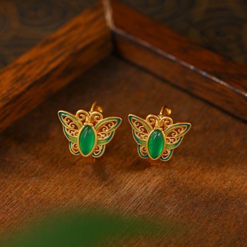 Tibetan Style Huggie Hoop Earring, with Jade, Butterfly, gold color plated, vintage & for woman & enamel & hollow, 13x9mm, Sold By Pair