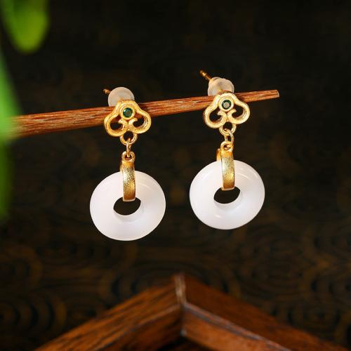 Tibetan Style Drop Earring, with Jade, gold color plated, vintage & for woman & hollow, 12x25mm, Sold By Pair