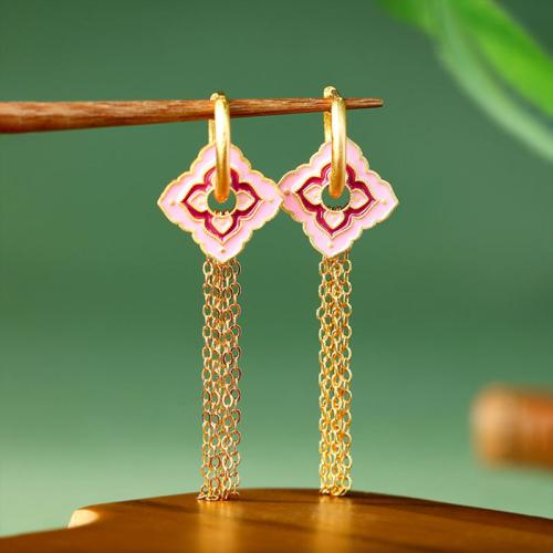 Tibetan Style Tassel Earring, gold color plated, vintage & for woman & enamel & hollow, 17x60mm, Sold By Pair