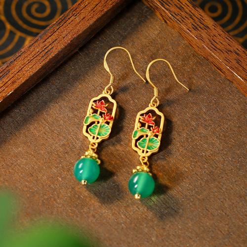 Tibetan Style Drop Earring, with Jade, Flower, gold color plated, vintage & for woman & enamel & hollow, Sold By Pair