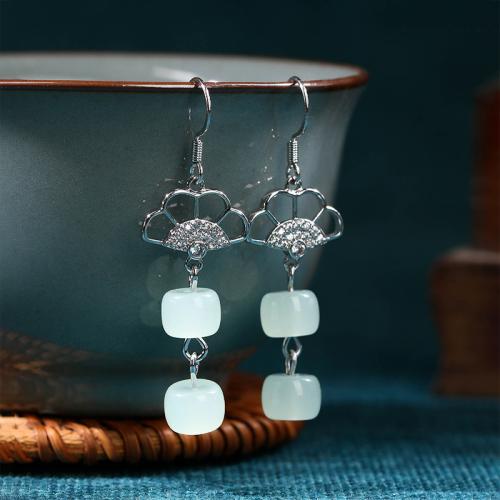 Brass Drop Earring with Jade Fan silver color plated vintage & for woman & with rhinestone & hollow Sold By Pair