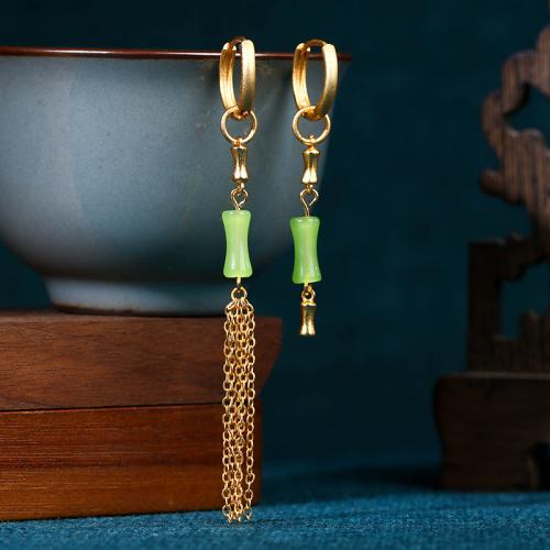 Brass Asymmetric Earrings with Jade Bamboo gold color plated vintage & for woman 85mm Sold By Pair