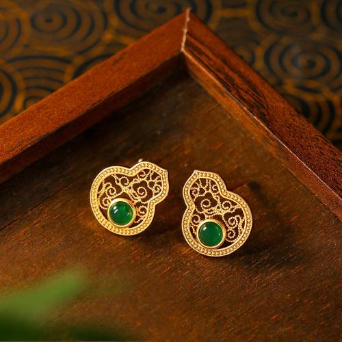 Tibetan Style Stud Earring, with Green Calcedony, Calabash, gold color plated, for woman & hollow, 12x15mm, Sold By Pair