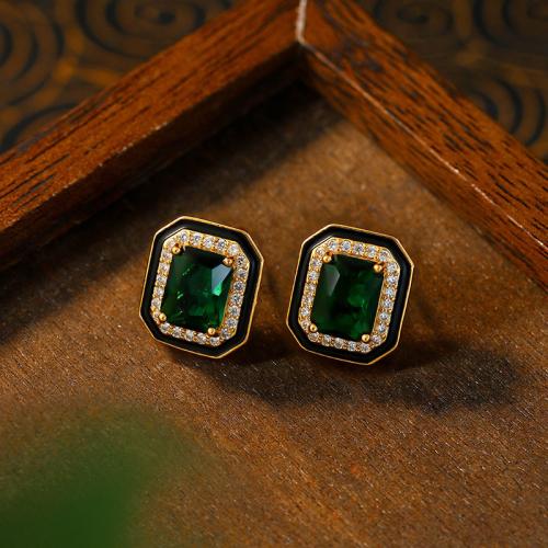 Tibetan Style Stud Earring, Geometrical Pattern, gold color plated, for woman & enamel & with rhinestone, 12x14mm, Sold By Pair