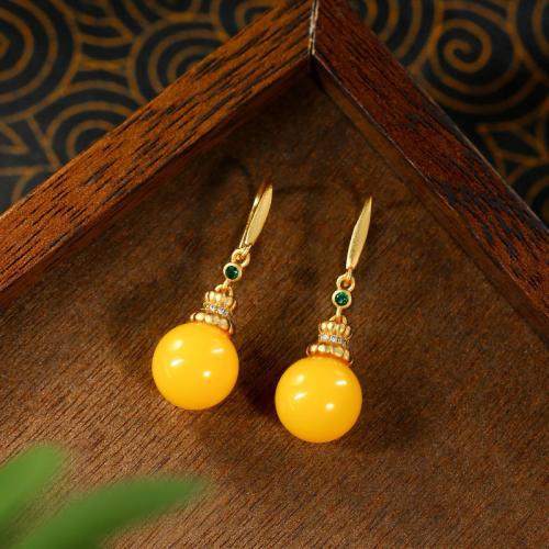 Tibetan Style Drop Earring, with Jade, gold color plated, vintage & imitation beeswax & for woman & with rhinestone, 12x38mm, Sold By Pair