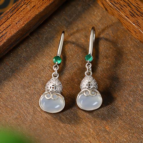 Zinc Alloy Drop Earring with White Chalcedony Calabash silver color plated vintage & for woman & with rhinestone & hollow Sold By Pair