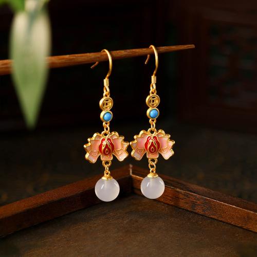 Tibetan Style Drop Earring, with White Chalcedony, Lotus, gold color plated, for woman & enamel & hollow, 15x52mm, Sold By Pair