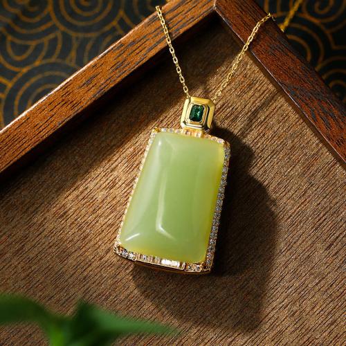 Tibetan Style Necklace, with Jade, Geometrical Pattern, gold color plated, oval chain & for woman & with rhinestone, Length:Approx 17.7 Inch, Sold By PC