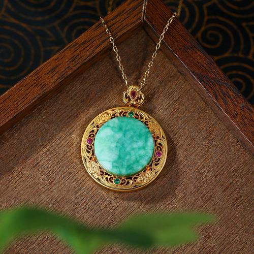 Tibetan Style Necklace, with Kosmochlor Jade, Round, gold color plated, oval chain & for woman & with rhinestone & hollow, Length:Approx 17.7 Inch, Sold By PC