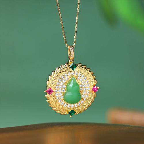 Tibetan Style Necklace, with Jade, Calabash, gold color plated, oval chain & for woman & with rhinestone, Length:Approx 17.7 Inch, Sold By PC