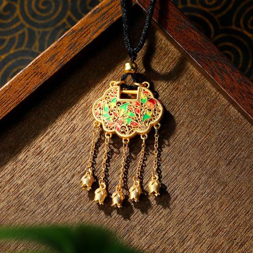 Tibetan Style Necklace, with Polyester Cord, Longevity Lock, gold color plated, for woman & enamel & hollow, Length:Approx 16-20 Inch, Sold By PC