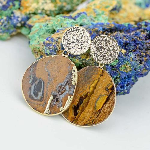 Brass Stud Earring with Tiger Eye fashion jewelry & for woman 50mm Sold By Pair