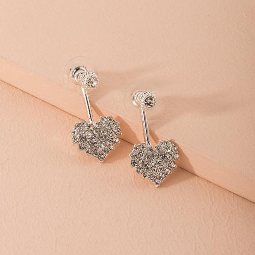 Tibetan Style Stud Earring, Heart, fashion jewelry & for woman & with rhinestone, silver color, 26x14mm, Sold By Pair