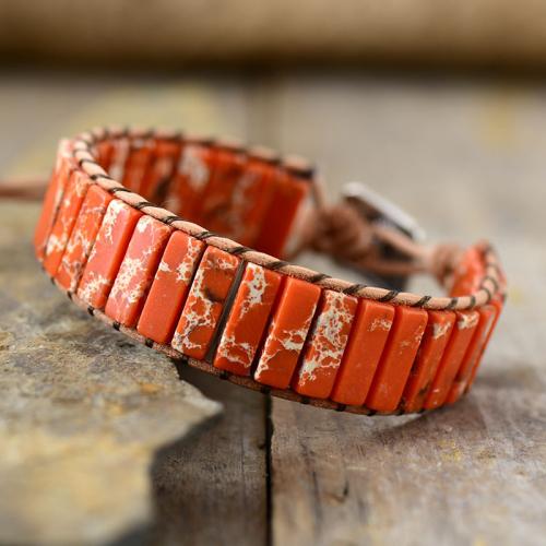 Bracelets de pierres précieuses, Jaspe d'impression, avec cordon en cuir, fait à la main, bijoux de mode & unisexe, orange, Longueur:Environ 18 cm, Vendu par PC