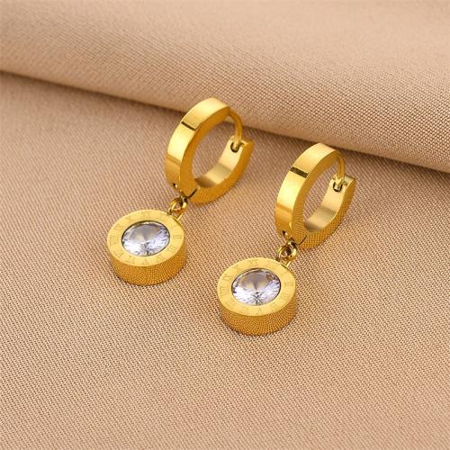 Titanium Steel  Earring, fashion jewelry & with roman number & micro pave cubic zirconia & for woman, golden, 28x10mm, Sold By Pair