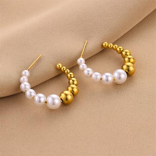 Titanium Steel  Earring, with Plastic Pearl, fashion jewelry & for woman, more colors for choice, 28x25mm, Sold By Pair