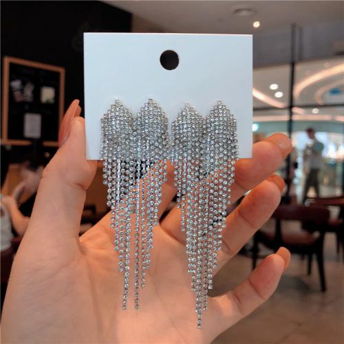 Tibetan Style Stud Earring, fashion jewelry & for woman & with rhinestone, more colors for choice, 31x110mm, Sold By Pair