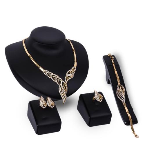 Tibetan Style Jewelry Sets, Stud Earring & finger ring & bracelet & necklace, 4 pieces & for woman & with rhinestone, golden, Sold By Set