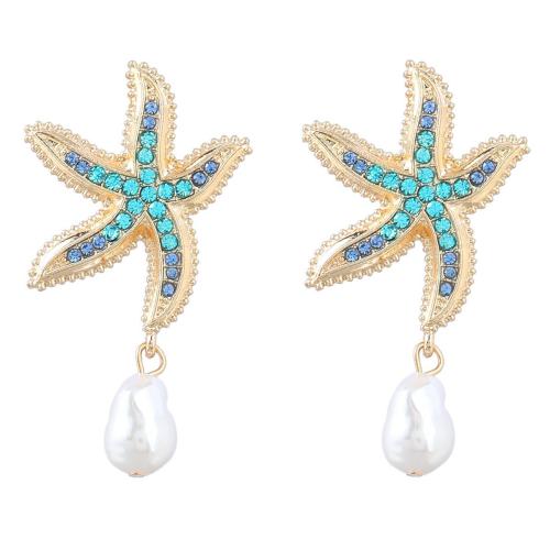 Boucles d'oreilles en alliage de zinc, avec perle de plastique, étoile de mer, bijoux de mode & pour femme & avec strass, 56x34mm, Vendu par fixé