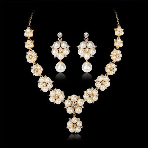 Tibetan Style Jewelry Sets, earring & necklace, with Plastic Pearl, 2 pieces & for woman & with rhinestone, Sold By Set