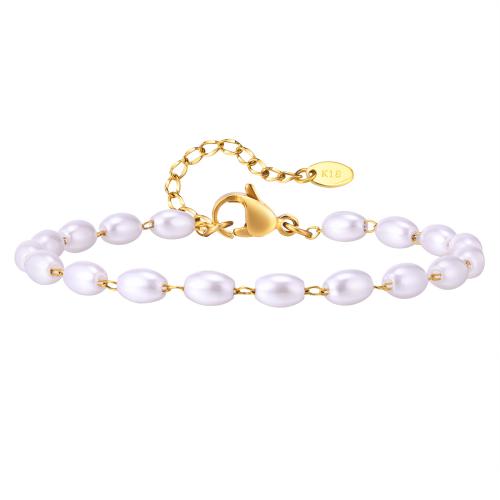 Stainless Steel Jewelry Bracelet, 304 Stainless Steel, with Plastic Pearl, with 5cm extender chain, fashion jewelry & for woman, 4mm, Length:Approx 16 cm, Sold By PC