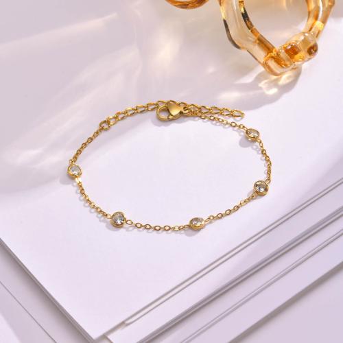 Stainless Steel Jewelry Bracelet, 304 Stainless Steel, with 5cm extender chain, fashion jewelry & micro pave cubic zirconia & for woman, golden, Length:Approx 16 cm, Sold By PC