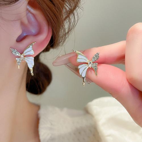 Tibetan Style Stud Earring, Butterfly, plated, fashion jewelry & enamel & with rhinestone, more colors for choice, nickel, lead & cadmium free, 19x25mm, Sold By Pair