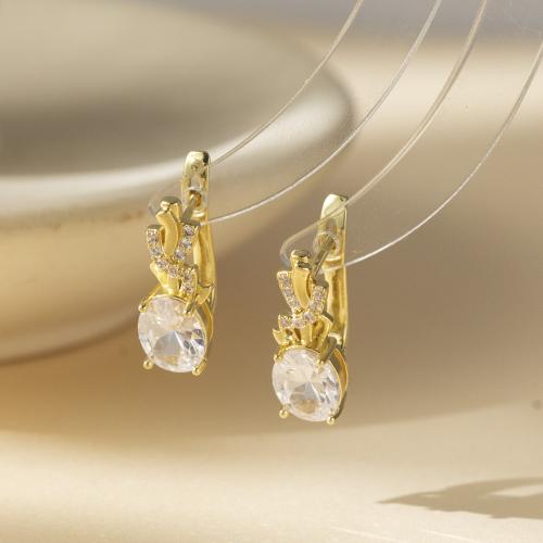 Boucles d'oreilles en laiton zircon cubique pavent, Placage de couleur d'or, bijoux de mode & pavé de micro zircon, doré, protéger l'environnement, sans nickel, plomb et cadmium, 7x15mm, Vendu par paire