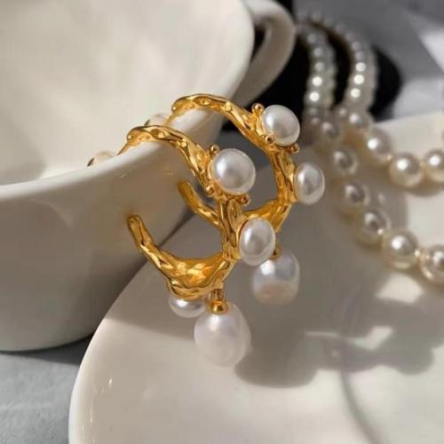 Tibetan Style Stud Earring, with Plastic Pearl, plated, for woman, gold, 35x22mm, Sold By Pair