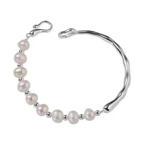 Tibetan Style Bracelet, with Plastic Pearl, plated, for woman, silver color, Length:Approx 17 cm, Sold By PC