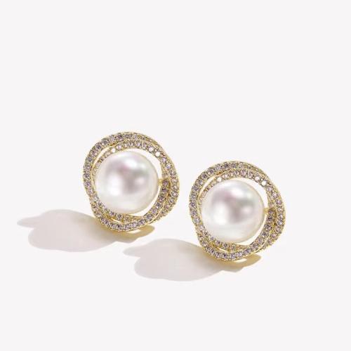 Zinklegering oorknoppen, Zinc Alloy, met Plastic Pearl, plated, micro pave zirconia & voor vrouw, goud, 12x10mm, Verkocht door pair