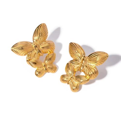 Stainless Steel Stud Øreringe, 304 rustfrit stål, Butterfly, forgyldt, for kvinde, guld, Solgt af par