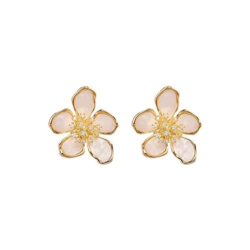 Lo zinco in lega Stud Earring, lega in zinco, Petali, placcato, stili diversi per la scelta & Micro spianare cubic zirconia & per la donna & smalto, dorato, 25x23mm, Venduto da coppia