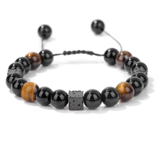 Bracelets de pierres précieuses, lave volcanique, avec cordon de polyester & oeil de tigre, fait à la main, unisexe & styles différents pour le choix, plus de couleurs à choisir, Longueur:Environ 16 cm, Vendu par PC