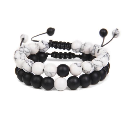 Pareja pulsera y brazalete, Cordón de cera, con Piedra Abrazine & turquesa & Hilo elástico, 2 piezas & unisexo & diferentes estilos para la opción, en blanco y negro, longitud:aproximado 16 cm, Vendido por Set