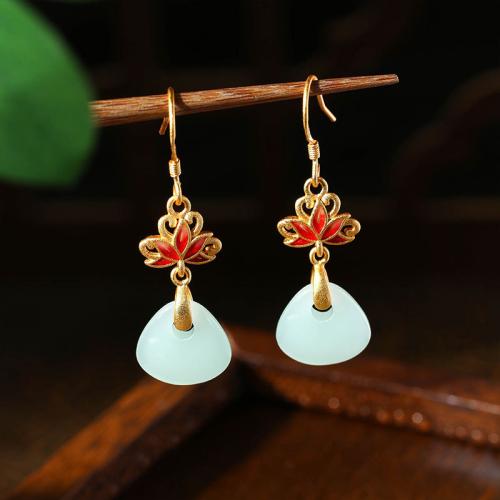 Tibetan Style Drop Earring, with Jade, Lotus, gold color plated, vintage & for woman & enamel, 12x41mm, Sold By Pair