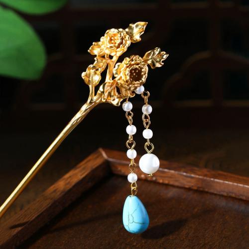 Tibetan Style Hair Stick, with Jade & Plastic Pearl, Flower, gold color plated, vintage & for woman, Sold By PC