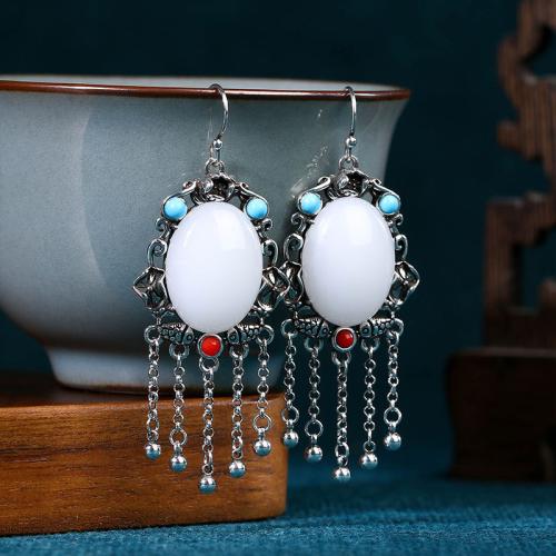 Tibetan Style Tassel Earring, with Jade, silver color plated, vintage & for woman, 24x59mm, Sold By Pair