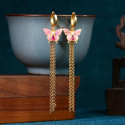 Brass Tassel Earring, with Jade & Plastic Pearl, Butterfly, gold color plated, vintage & for woman & enamel, 77mm, Sold By Pair