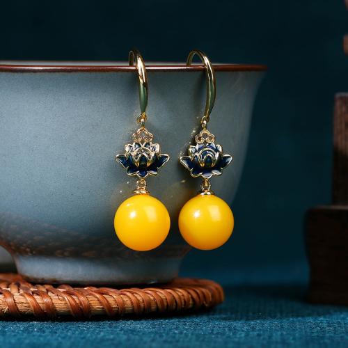 Tibetan Style Drop Earring, with Jade, Lotus, gold color plated, vintage & for woman & enamel, 12x43mm, Sold By Pair