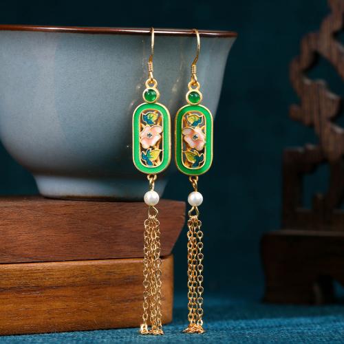 Tibetan Style Tassel Earring, with Green Calcedony & Plastic Pearl, gold color plated, vintage & for woman & enamel & hollow, 92mm, Sold By Pair