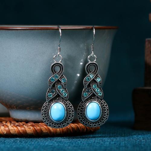 alliage de zinc Boucle d'oreille goutte, avec turquoise synthétique, Motif géométrique, Plaqué de couleur d'argent, Vintage & pour femme & avec strass, plus de couleurs à choisir, 16x51mm, Vendu par paire