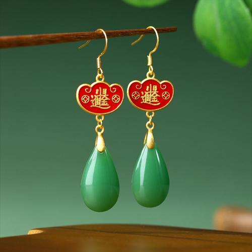 Tibetan Style Drop Earring, with Jade, Ingot, gold color plated, vintage & for woman & enamel, 15x55mm, Sold By Pair