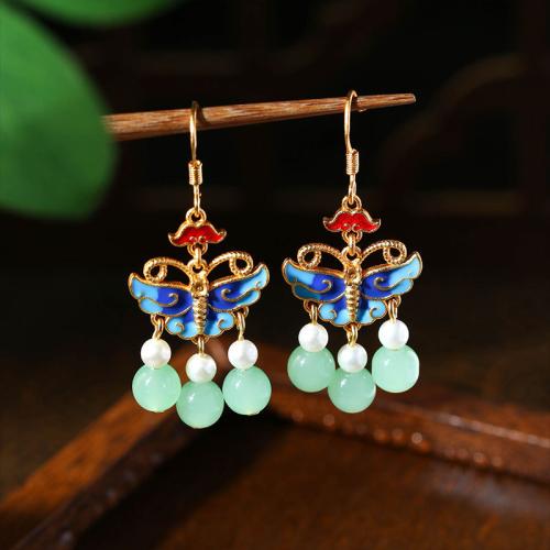 Tibetan Style Drop Earring, with Jade & Plastic Pearl, Butterfly, gold color plated, vintage & for woman & enamel, 18x43mm, Sold By Pair