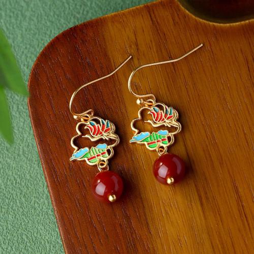 Tibetan Style Drop Earring, with Jade, gold color plated, vintage & for woman & enamel & hollow, 13x36mm, Sold By Pair