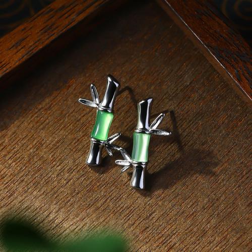 Tibetan Style Stud Earring, with Jade, Bamboo, silver color plated, vintage & for woman, 13x22mm, Sold By Pair